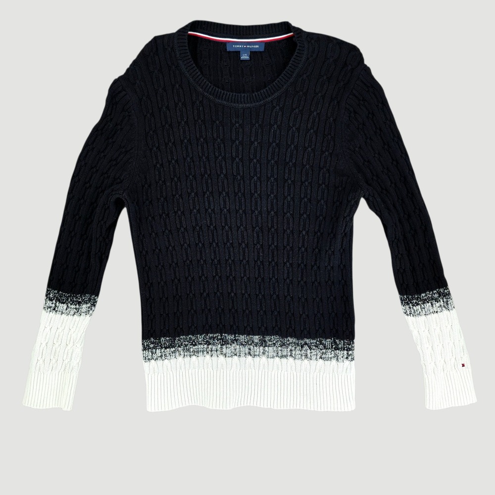Tommy Hilfiger Cable Knit Sweater L Women Black White Ombre Preppy Boxy Cotton‎